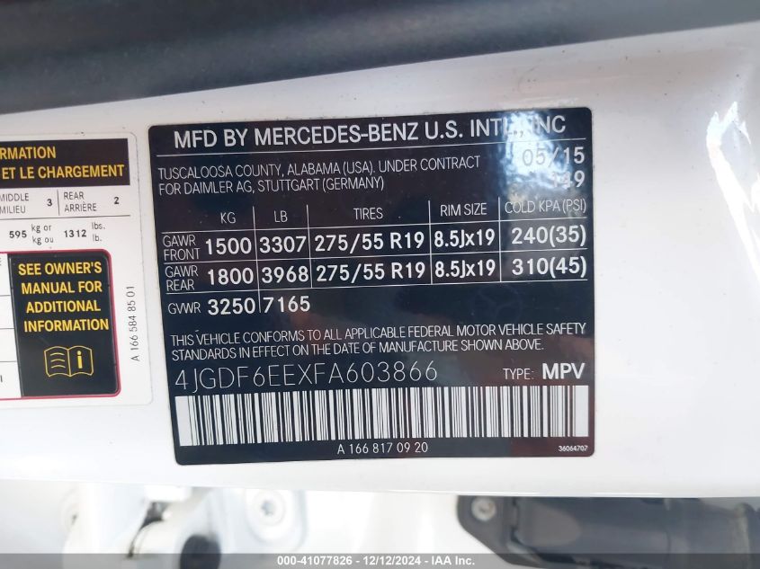 VIN 4JGDF6EEXFA603866 2015 MERCEDES-BENZ GL 450 no.9