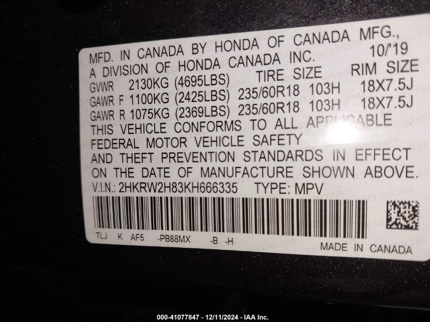 VIN 2HKRW2H83KH666335 2019 HONDA CR-V no.9