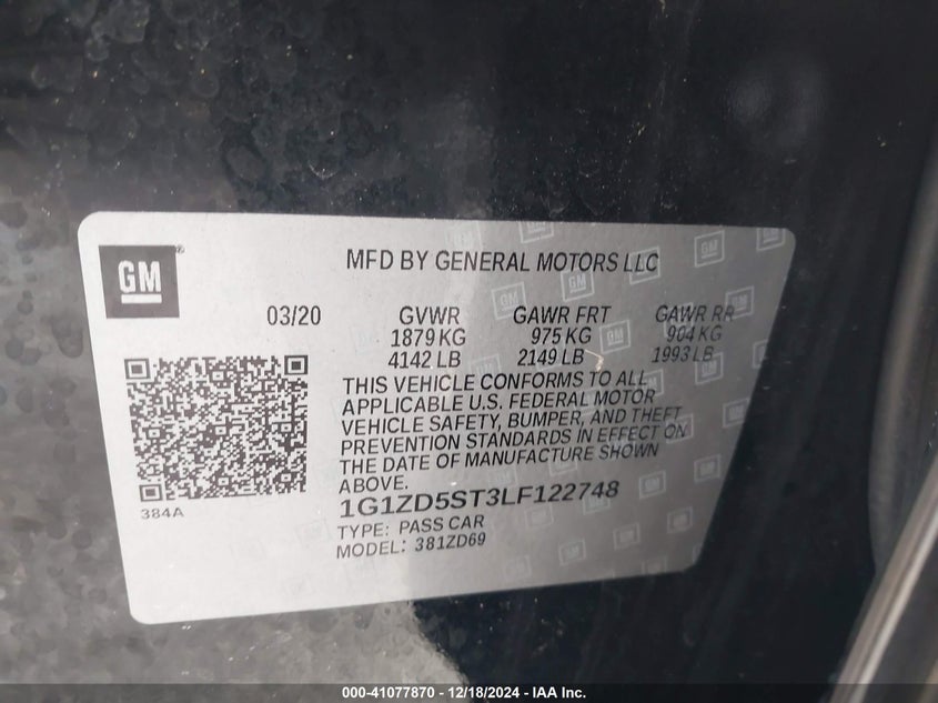 2020 CHEVROLET MALIBU VIN: 1G1ZD5ST3LF122748