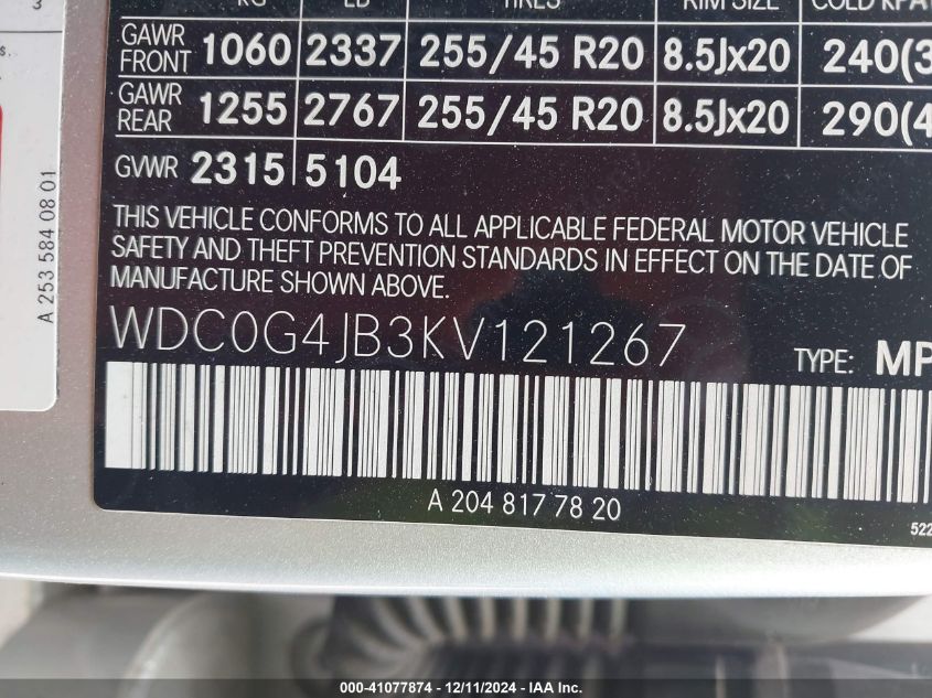 VIN WDC0G4JB3KV121267 2019 Mercedes-Benz GLC 300 no.9