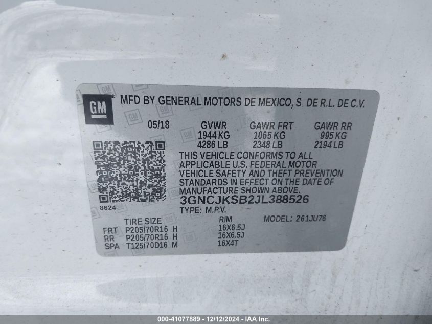 2018 Chevrolet Trax Ls VIN: 3GNCJKSB2JL388526 Lot: 41077889