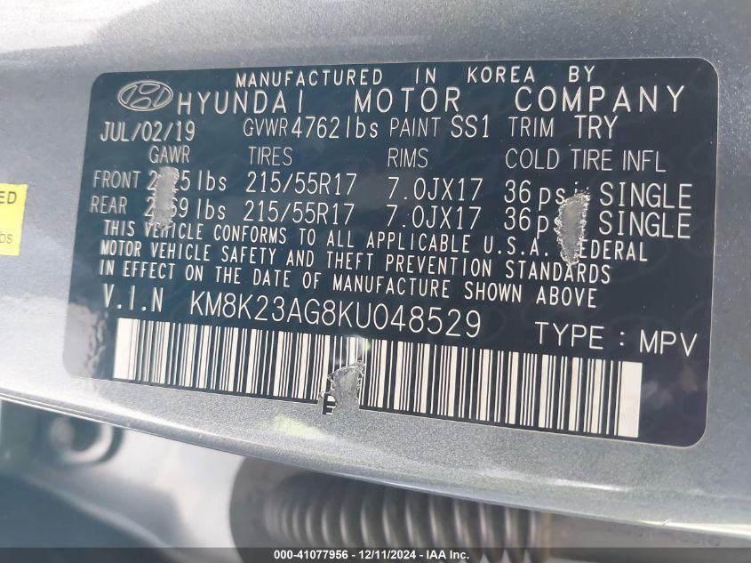 2019 Hyundai Kona Ev Sel VIN: KM8K23AG8KU048529 Lot: 41077956