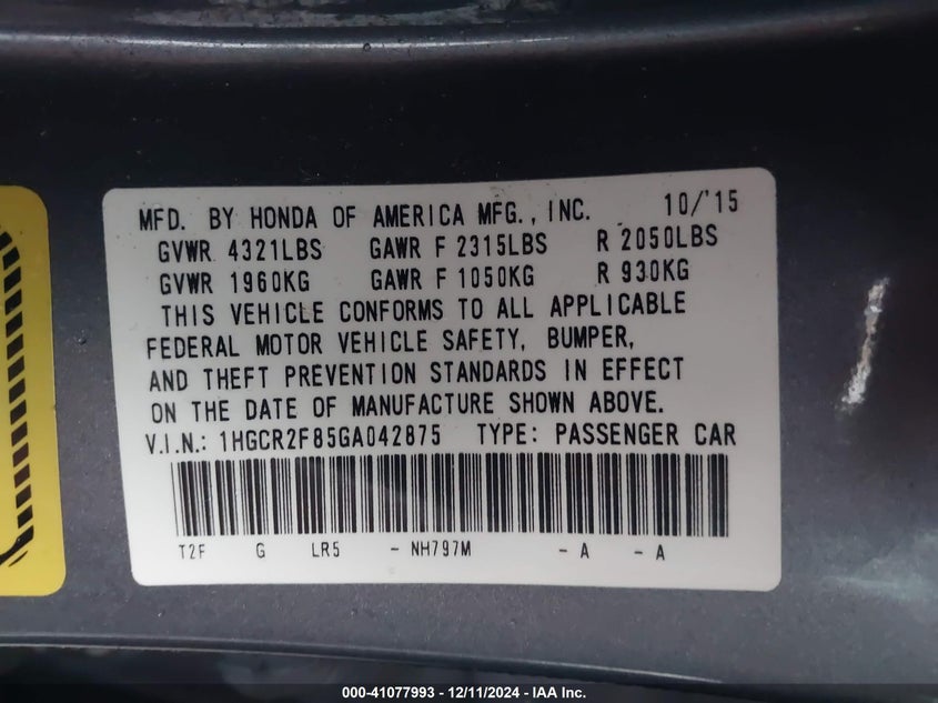 2016 HONDA ACCORD VIN: 1HGCR2F85GA042875