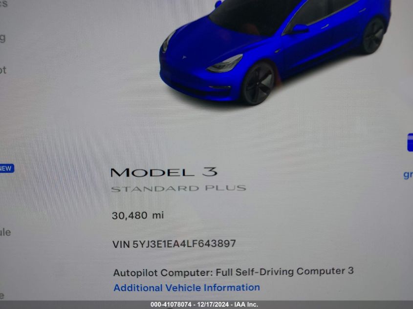 2020 TESLA MODEL 3 STANDARD RANGE PLUS REAR-WHEEL DRIVE/STANDARD RANGE REAR-WHEEL DRIVE - 5YJ3E1EA4LF643897