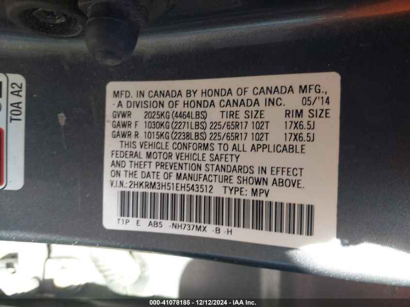 VIN 2HKRM3H51EH543512 2014 Honda CR-V, EX no.9