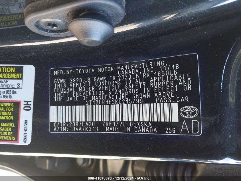 VIN 2T1BURHE3KC215799 2019 Toyota Corolla, Xse no.9