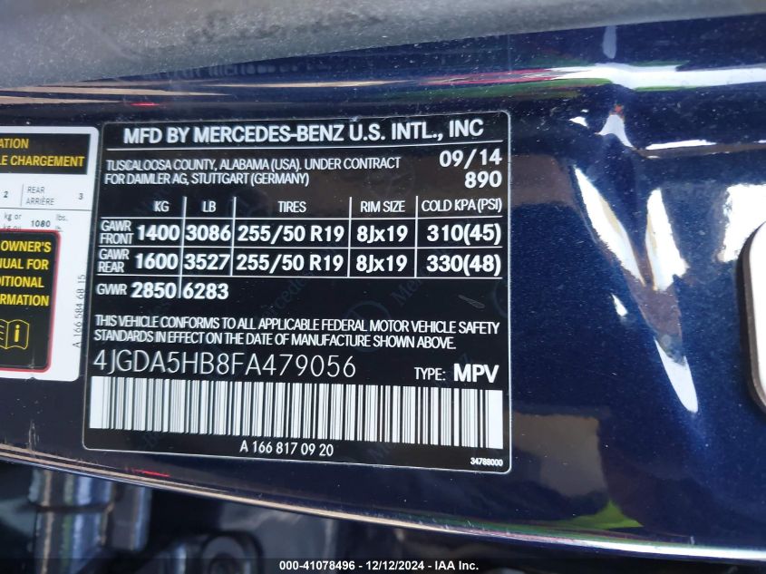 VIN 4JGDA5HB8FA479056 2015 Mercedes-Benz ML 350, 4M... no.9