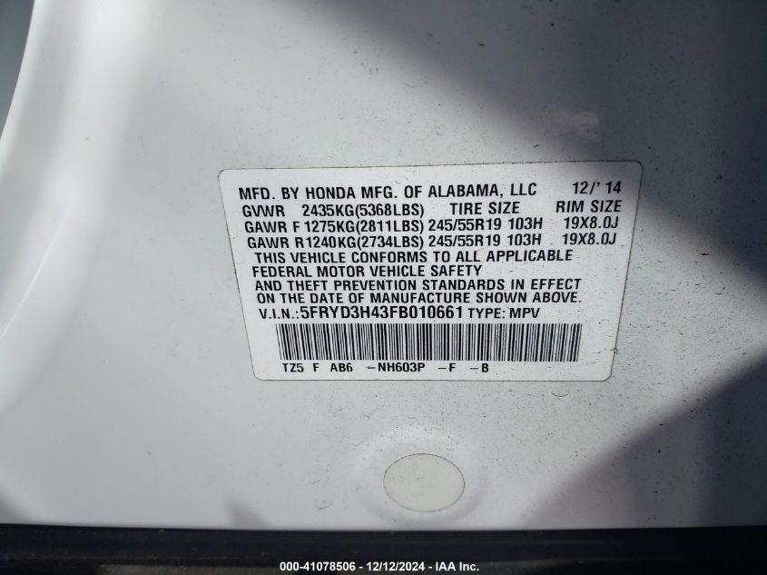 VIN 5FRYD3H43FB010661 2015 Acura MDX, Technology Pa... no.9