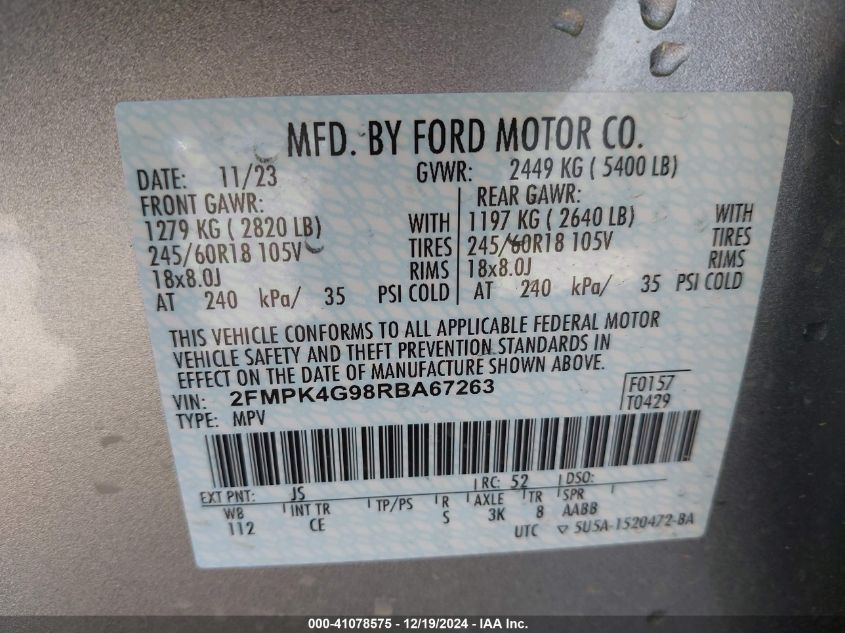 VIN 2FMPK4G98RBA67263 2024 Ford Edge, SE no.8