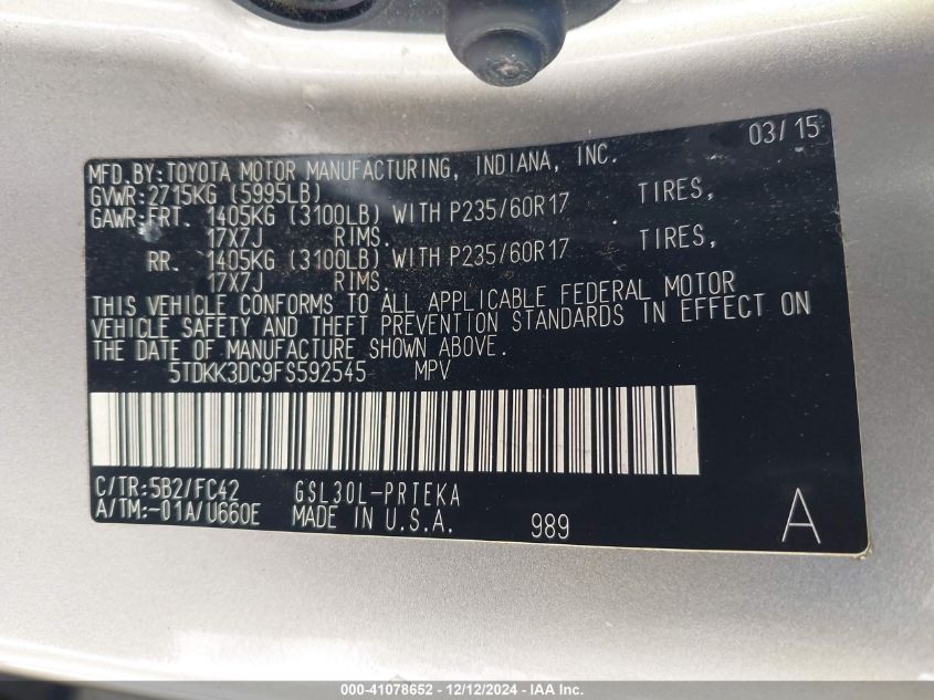 VIN 5TDKK3DC9FS592545 2015 TOYOTA SIENNA no.9