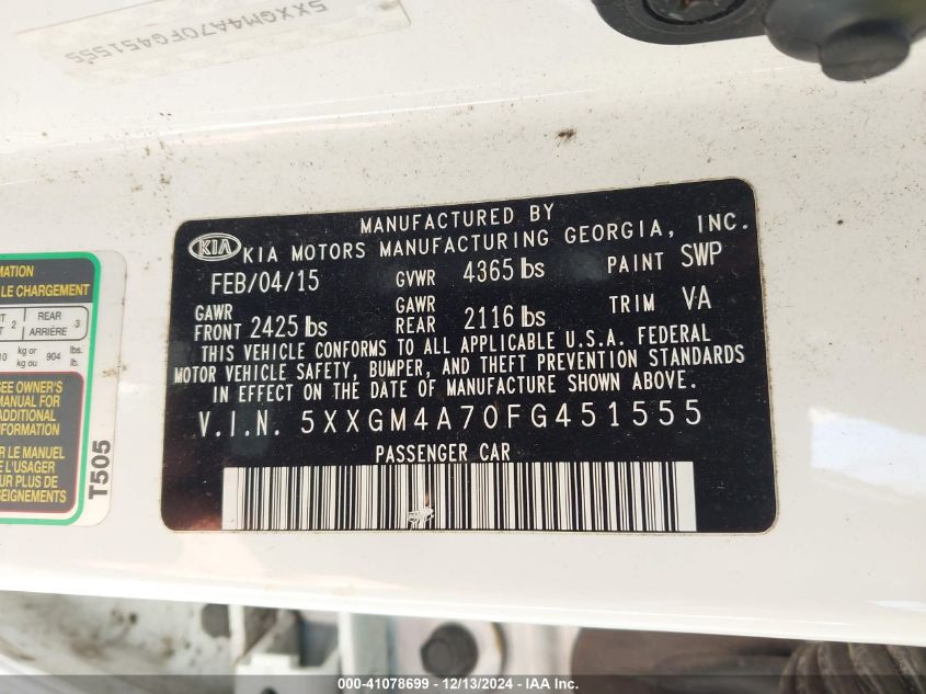 VIN 5XXGM4A70FG451555 2015 KIA Optima, LX no.9