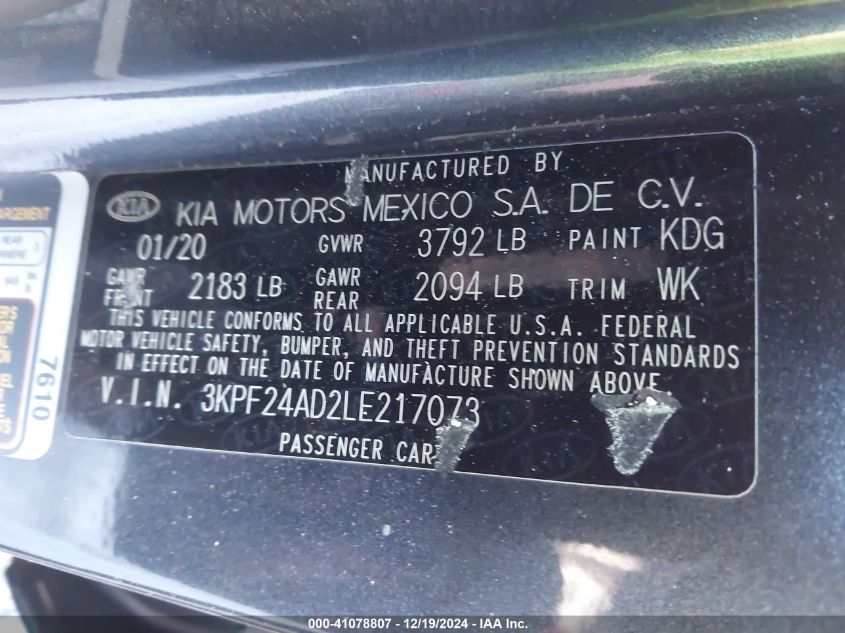 VIN 3KPF24AD2LE217073 2020 KIA Forte, Lxs no.9