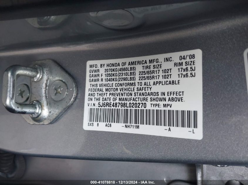 2008 Honda Cr-V Ex-L VIN: 5J6RE48798L020270 Lot: 41078818