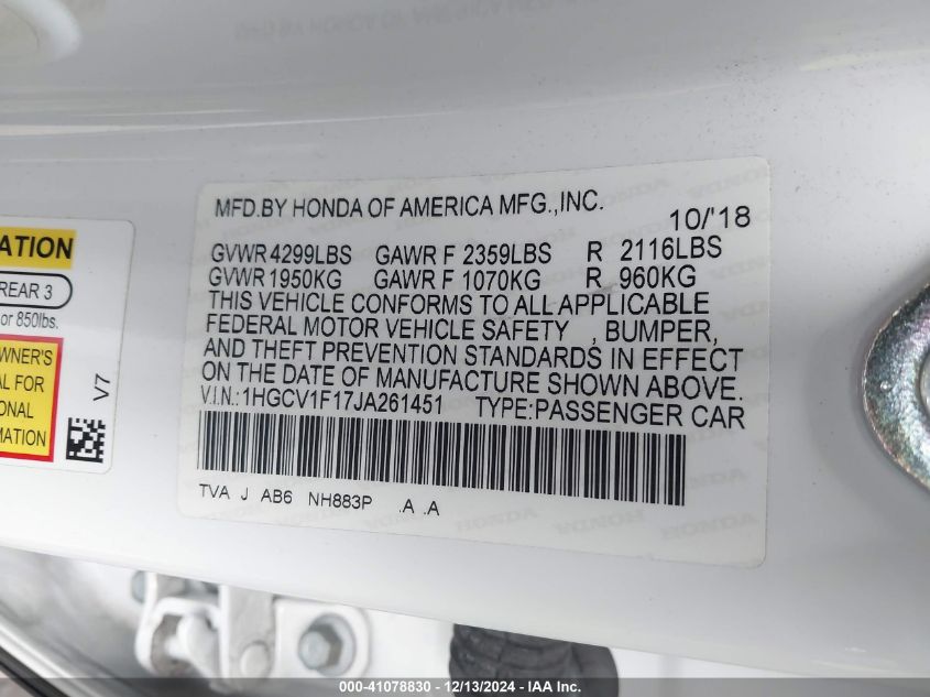 VIN 1HGCV1F17JA261451 2018 Honda Accord, LX no.9