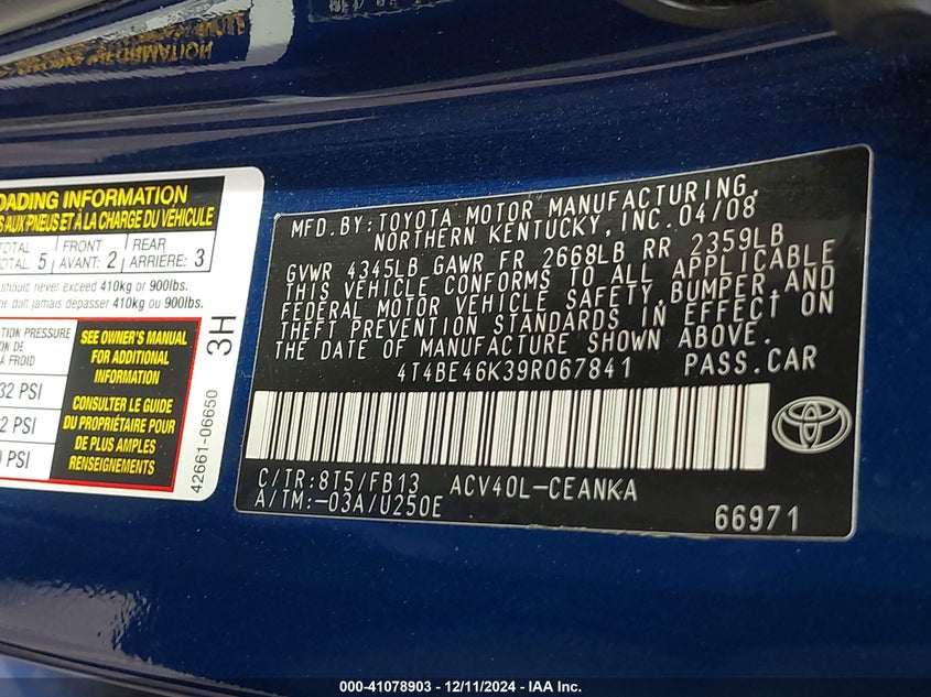 2009 TOYOTA CAMRY VIN: 4T4BE46K39R067841