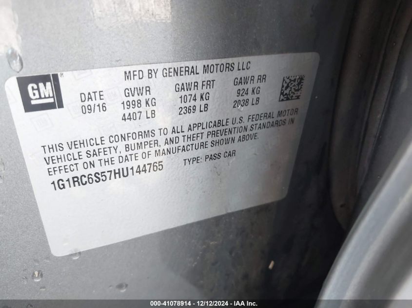 VIN 1G1RC6S57HU144765 2017 Chevrolet Volt, LT no.9