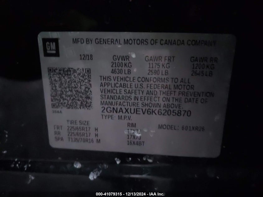 2019 CHEVROLET EQUINOX VIN: 2GNAXUEV6K6205870