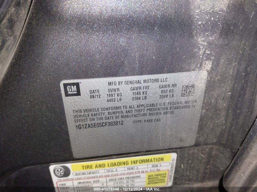 2012 CHEVROLET MALIBU VIN: 1G1ZA5E05CF383812