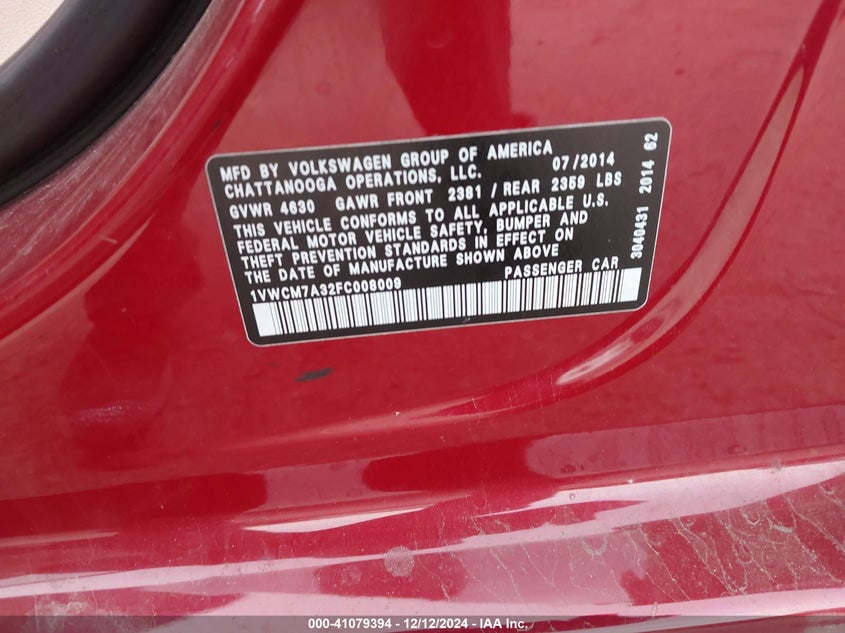 2015 VOLKSWAGEN PASSAT VIN: 1VWCM7A32FC008009
