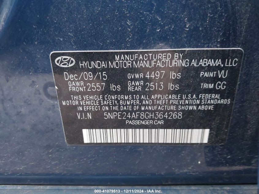 VIN 5NPE24AF8GH364268 2016 Hyundai Sonata, SE no.9