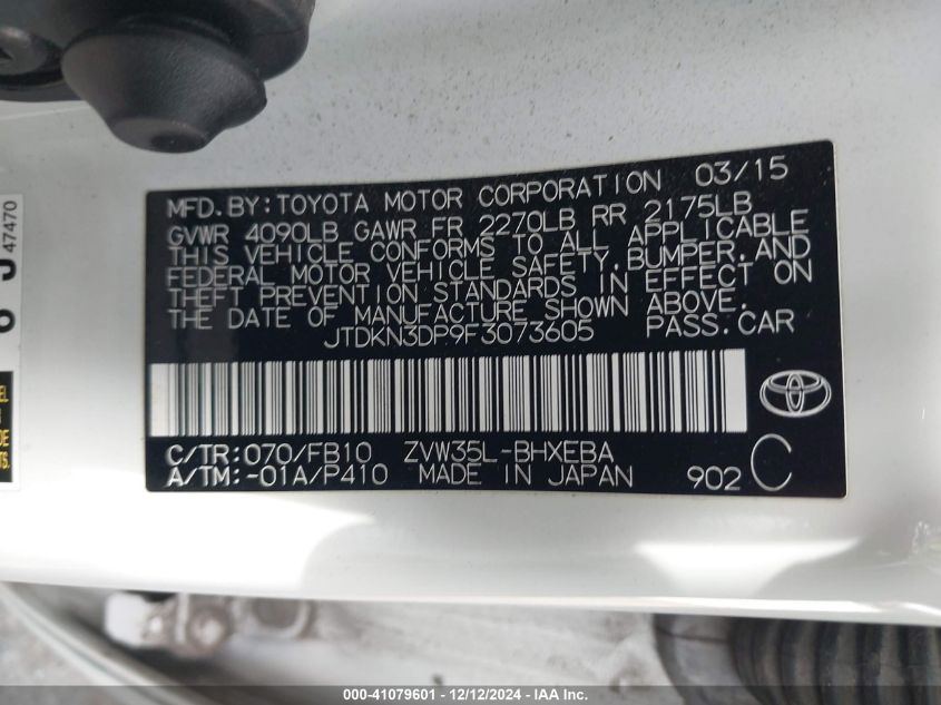 VIN JTDKN3DP9F3073605 2015 Toyota Prius, Plug-In no.9