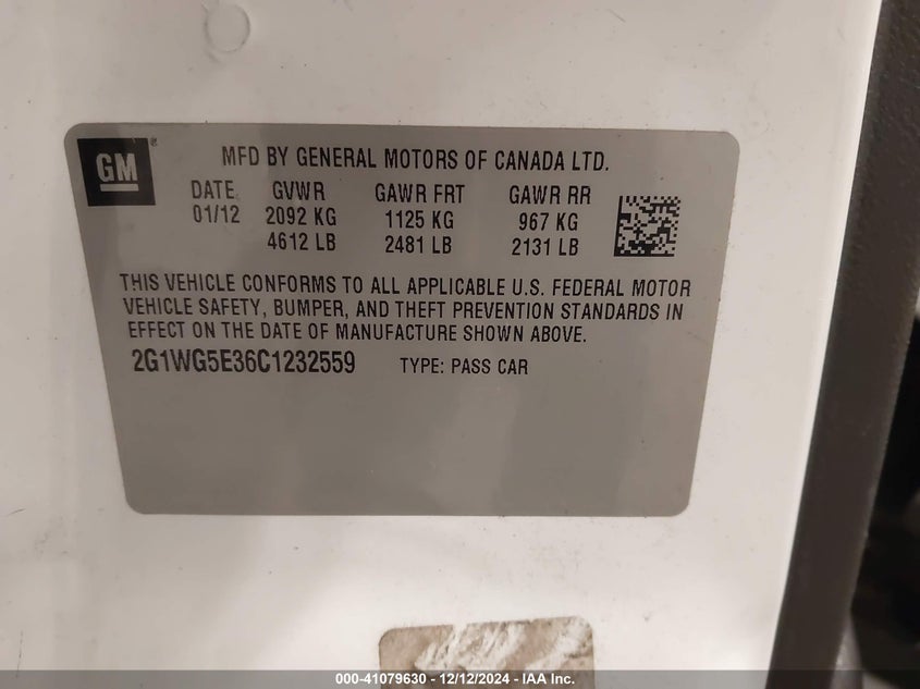 2012 CHEVROLET IMPALA VIN: 2G1WG5E36C1232559
