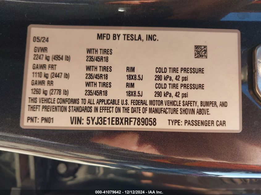 2024 Tesla Model 3 Long Range Dual Motor All-Wheel Drive VIN: 5YJ3E1EBXRF789058 Lot: 41079642