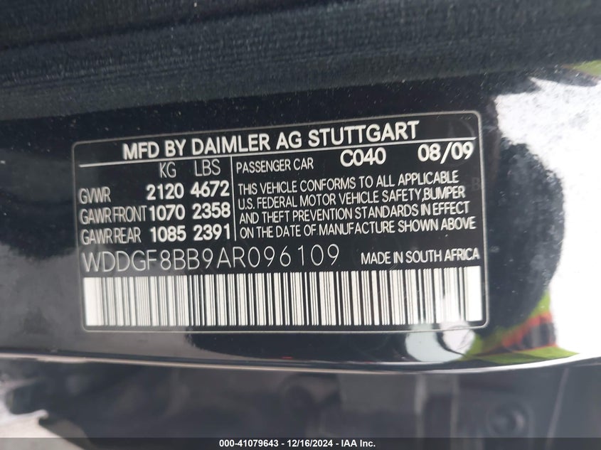 2010 MERCEDES-BENZ C 300 VIN: WDDGF8BB9AR096109