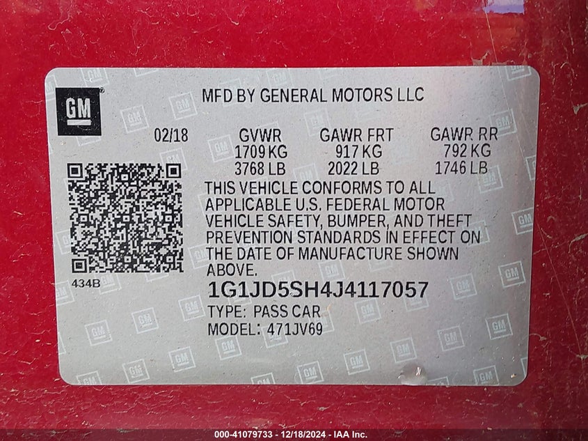 2018 CHEVROLET SONIC VIN: 1G1JD5SH4J4117057