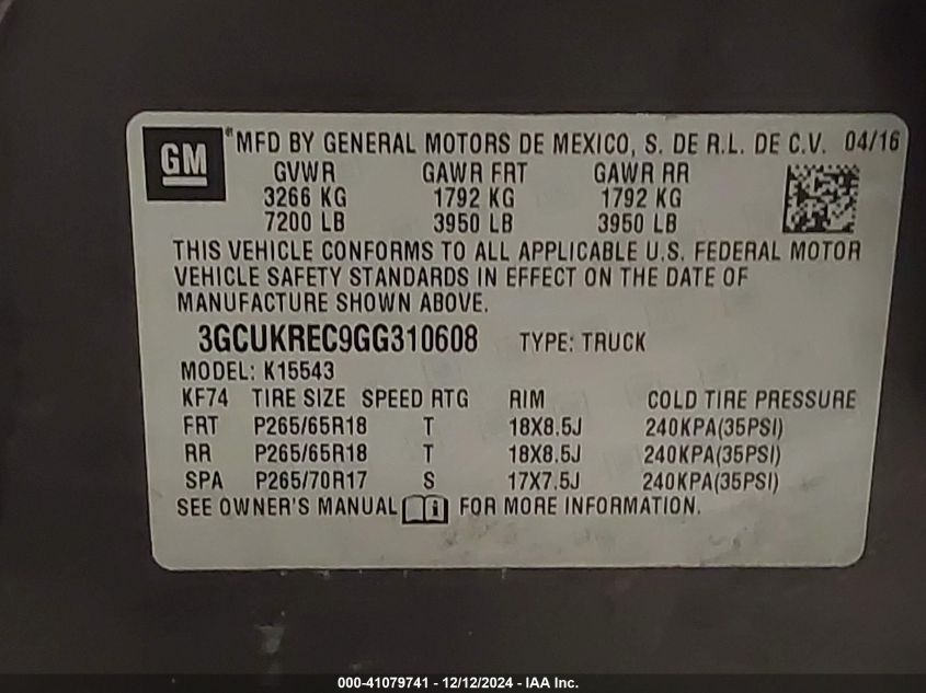 VIN 3GCUKREC9GG310608 2016 CHEVROLET SILVERADO 1500 no.9