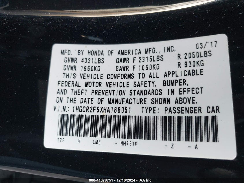 2017 HONDA ACCORD VIN: 1HGCR2F5XHA188051