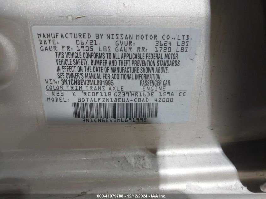 VIN 3N1CN8EV3ML891995 2021 NISSAN VERSA no.9