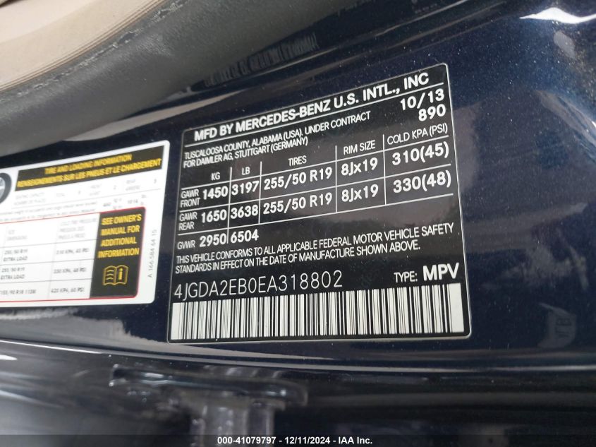 VIN 4JGDA2EB0EA318802 2014 MERCEDES-BENZ ML 350 BLUETEC no.9