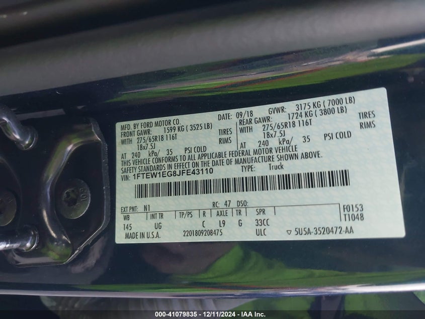 2018 FORD F-150 VIN: 1FTEW1EG8JFE43110