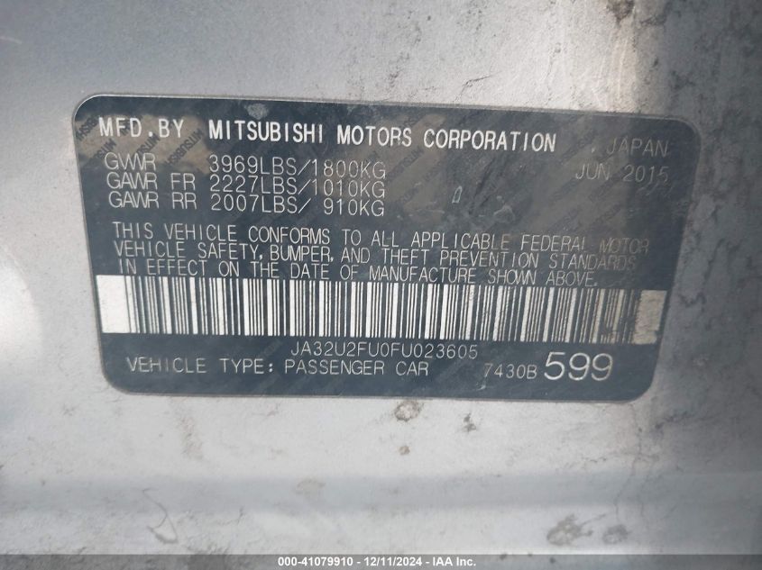 VIN JA32U2FU0FU023605 2015 Mitsubishi Lancer, ES no.9