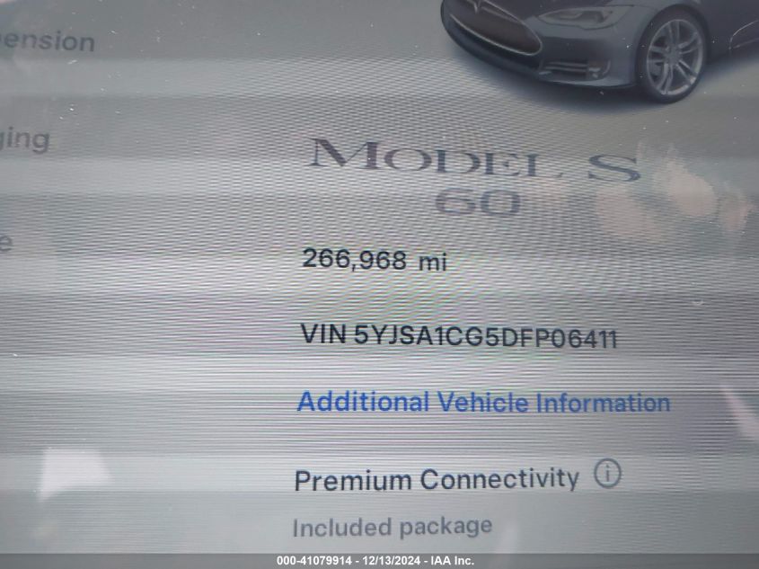 2013 Tesla Model S VIN: 5YJSA1CG5DFP06411 Lot: 41079914