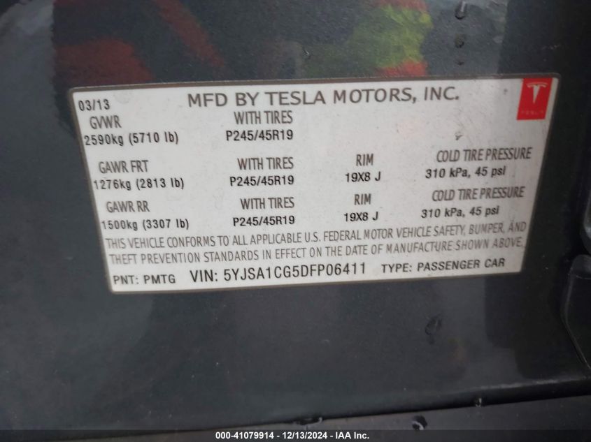 2013 Tesla Model S VIN: 5YJSA1CG5DFP06411 Lot: 41079914