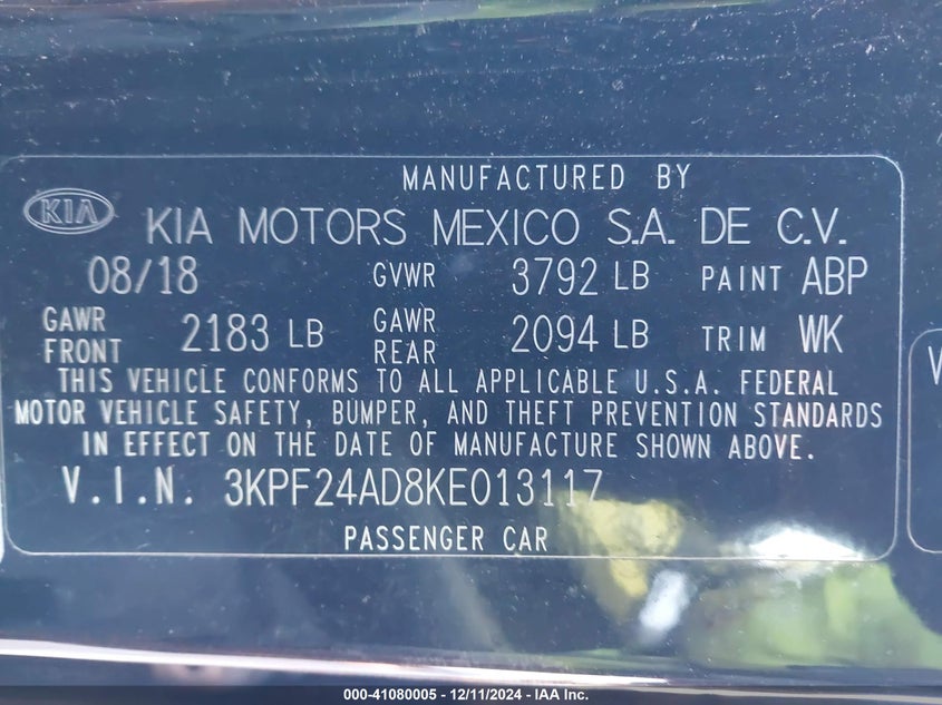 2019 KIA FORTE LXS - 3KPF24AD8KE013117