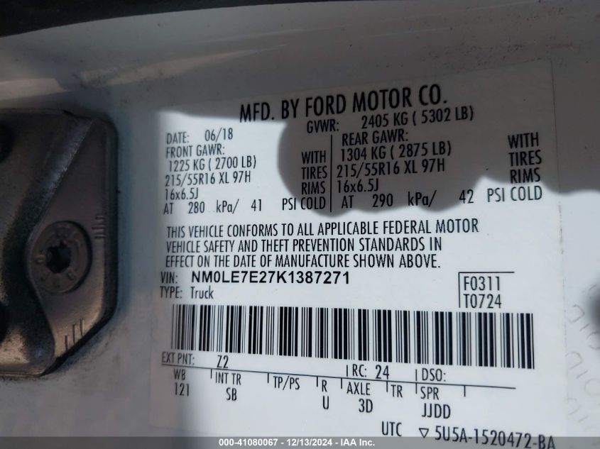 VIN NM0LE7E27K1387271 2019 FORD TRANSIT CONNECT no.9