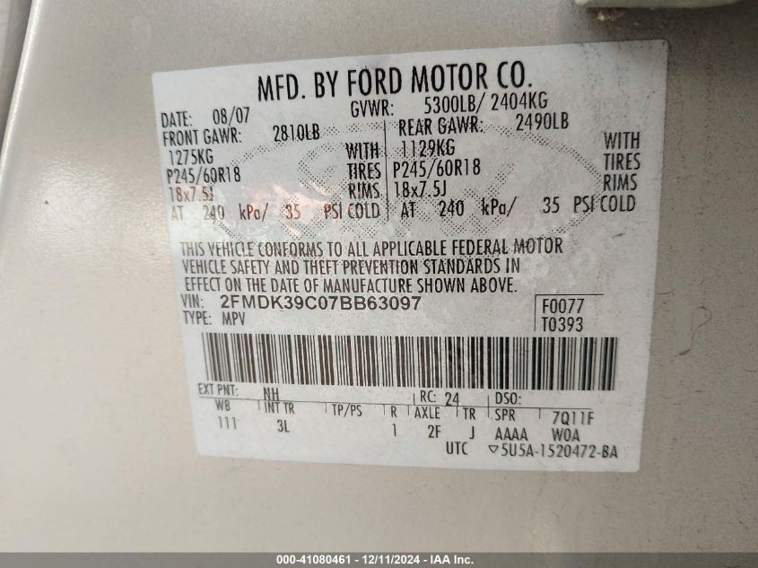 2007 Ford Edge Sel Plus VIN: 2FMDK39C072B63097 Lot: 41080461