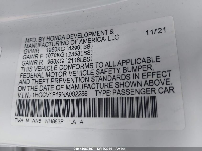 VIN 1HGCV1F19NA002286 2022 Honda Accord, LX no.9