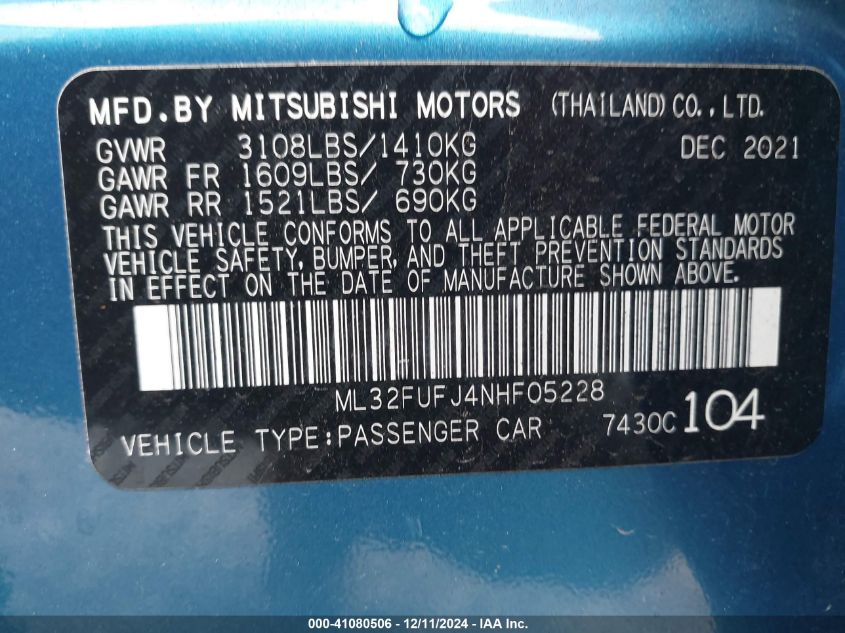 VIN ML32FUFJ4NHF05228 2022 MITSUBISHI MIRAGE G4 no.9