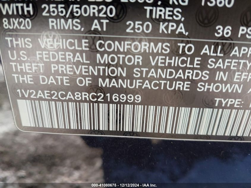 VIN 1V2AE2CA8RC216999 2024 Volkswagen Atlas, Cross... no.9