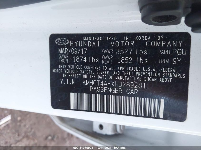 VIN KMHCT4AEXHU289281 2017 Hyundai Accent, SE no.9