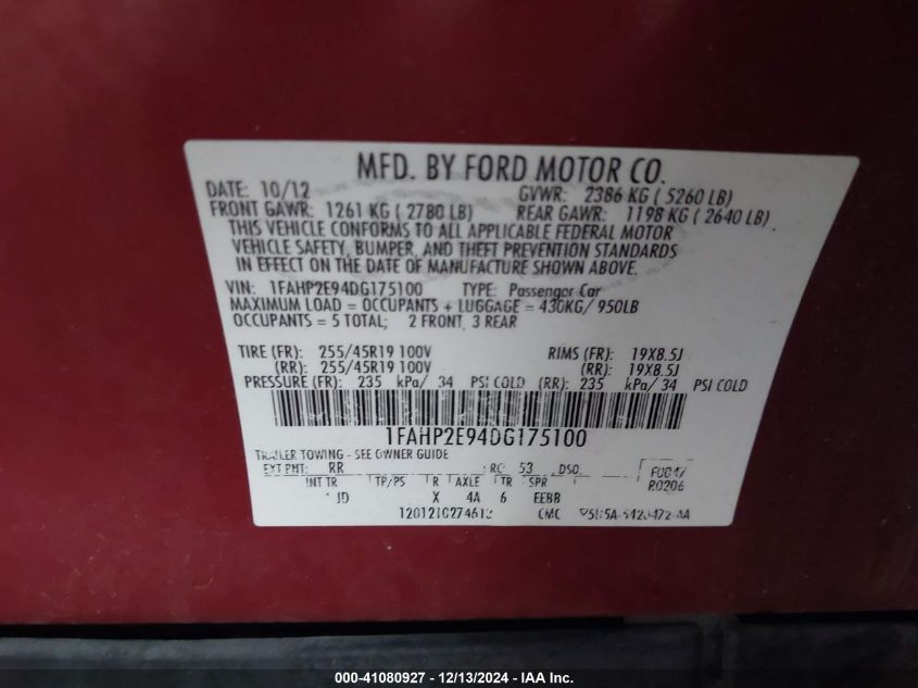 VIN 1FAHP2E94DG175100 2013 FORD TAURUS no.9