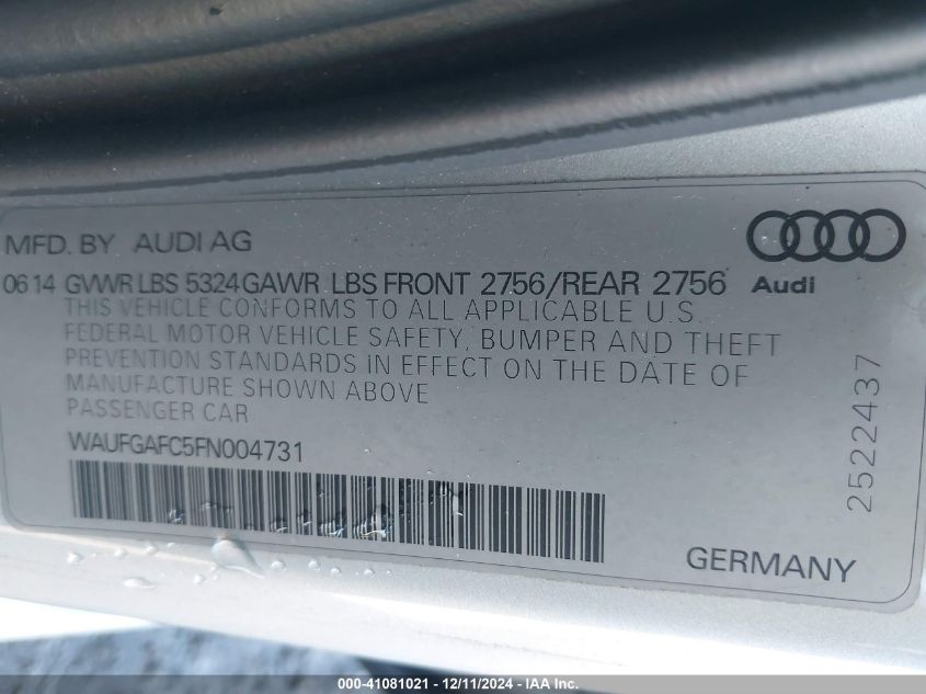 VIN WAUFGAFC5FN004731 2015 Audi A6, 3.0T Premium Plus no.9