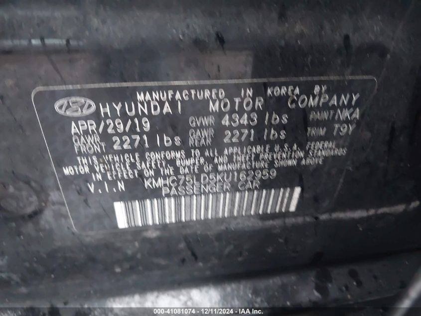 2019 Hyundai Ioniq Plug-In Hybrid Limited VIN: KMHC75LD5KU162959 Lot: 41081074