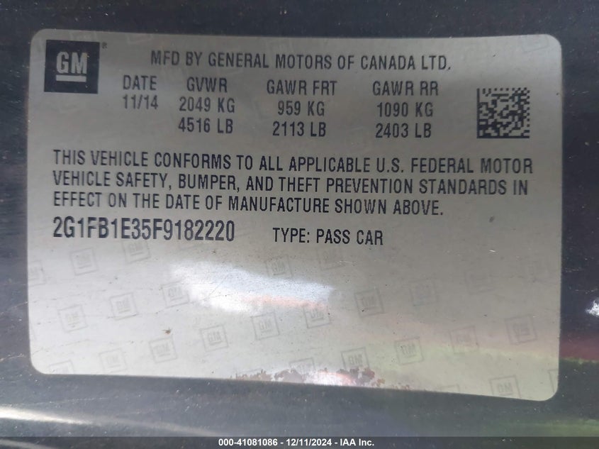 2015 CHEVROLET CAMARO VIN: 2G1FB1E35F9182220