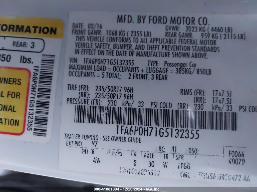 2016 FORD FUSION SE - 1FA6P0H71G5132355