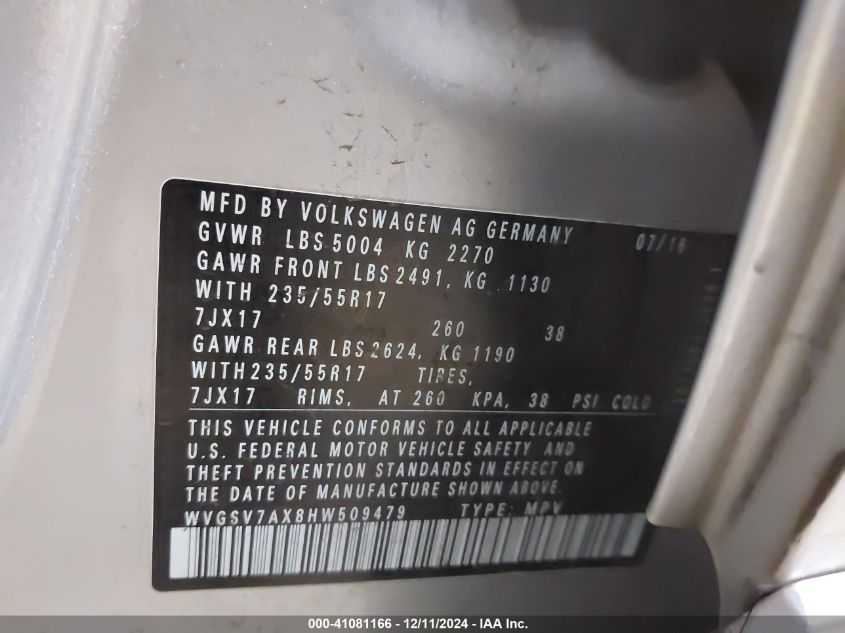 VIN WVGSV7AX8HW509479 2017 VOLKSWAGEN TIGUAN no.9